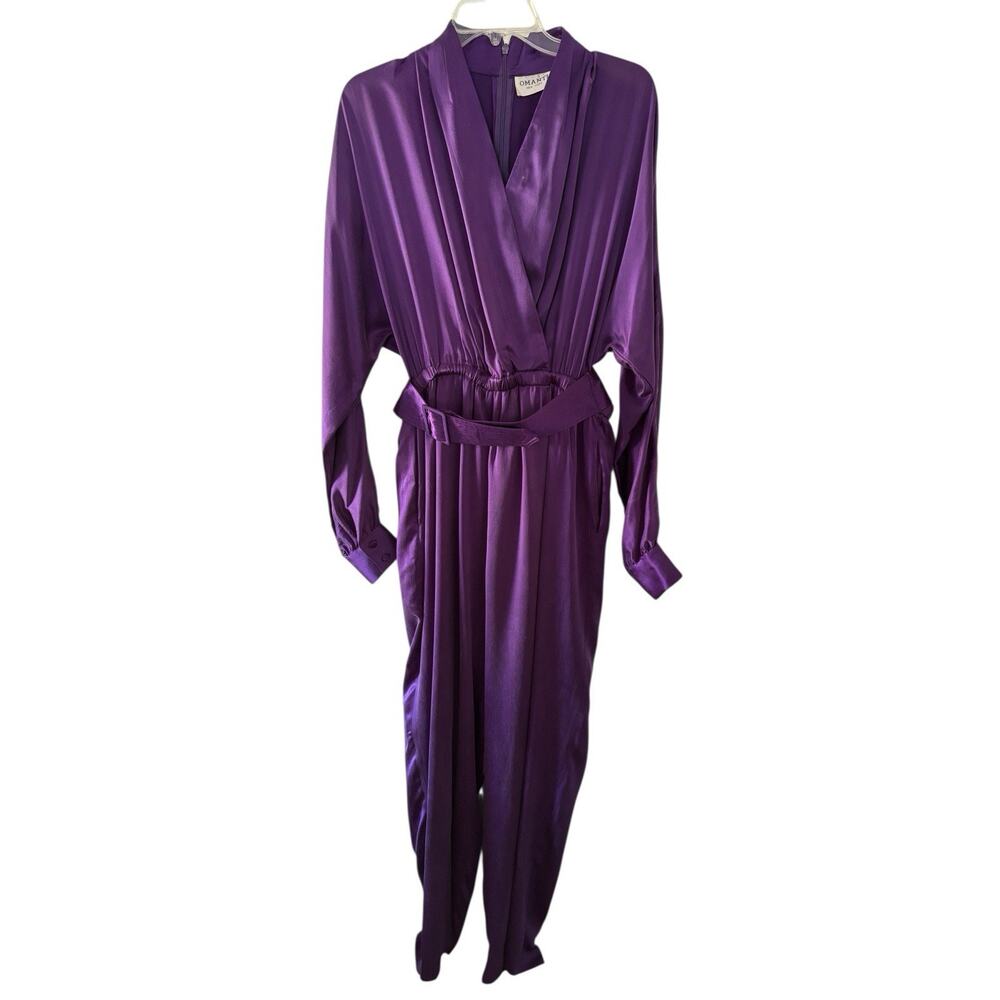 Omanti New York 100% Silk Purple Jump Suit W/ Belt Sz 14 Vintage 80s Designer
